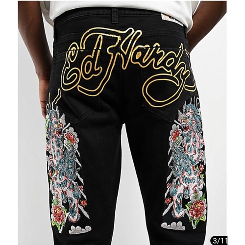 Ed Hardy Mens Black Foo Dog Embroidered Jeans Y2K Streetwear 38x32 MEHD8301-9