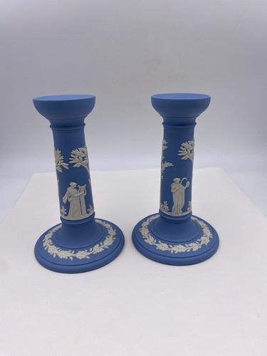 Vintage Set of 2 Wedgwood Blue Jasperware 6.5” Taper Candle Holders - Picture 2 of 7