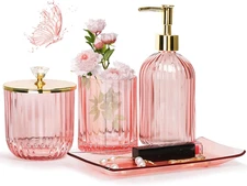 Pink Bathroom Accessories Set, 4 Pcs Glass Bathroom Accessory Sets, Soap Dispens