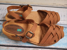 Moheda Klara Clogs 42 UK 8 Tan Brown Braided Leather Double Buckle Wooden Sandal