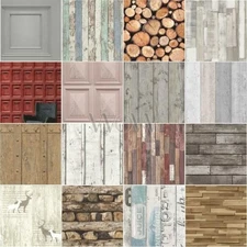 WOOD EFFECT WALLPAPER - PANELS SLATS WHITE WASHED DISTRESSED LOGS PLANKS RUSTIC