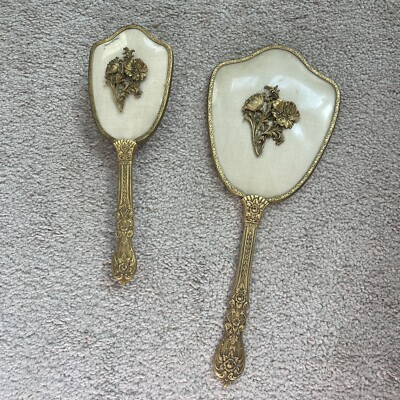 1950s Gold ormolu style cream moire taffeta vanity hair brush and hand mirror 1950s Gold ormolu style cream moire taffeta vanity hair  main image 4