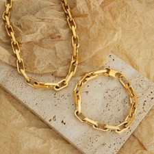 7.5mm Wide Woman 18k Gold Plated Solid Link Paper Clip Necklace Bracelet