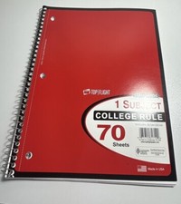 NEW TOP FLIGHT Red Notebook 70 Sheets 1 Subject 10.5" X 8" School College