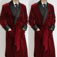 Men Smoking Jacket With Belt Black Shawl Lapel Wedding Party Wear Long Ovetcoat