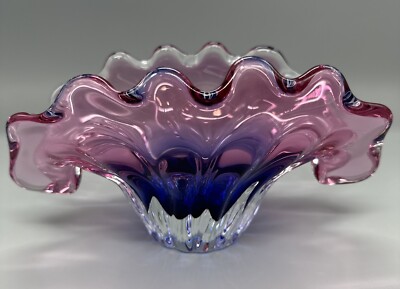 Art Glass Waterfall Clamshell Bowl Cranberry Pink To Blue