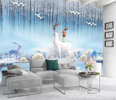 3D Deer Girl ZHUA22150 Wallpaper Wall Murals Removable Self-adhesive Ann