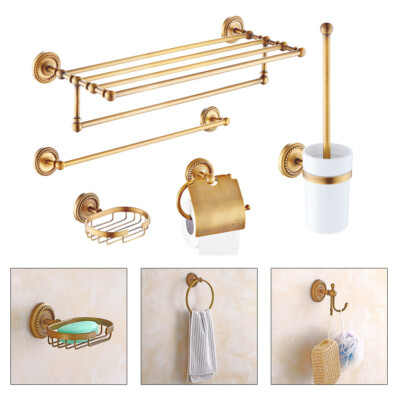 7Pcs Antique Bathroom Accessories Restroom Hardware Carved Brass Towel Bar