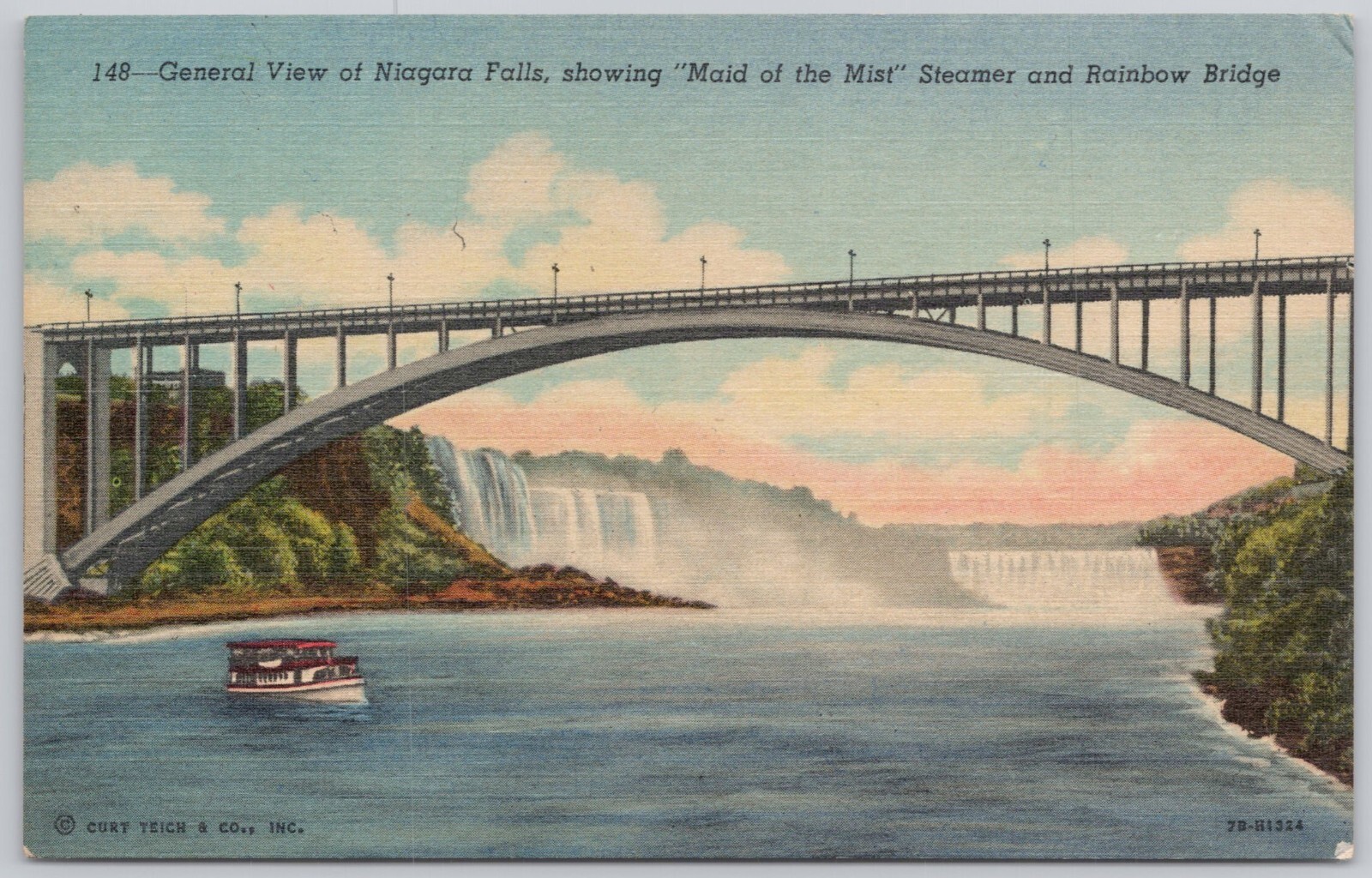 Niagara Falls NY Linen Postcard Featuring Maid of the Mist and Rainbow Bridge