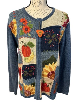 Vintage  90 s Tiara International Fall Foliage Leaves Zip-Up Cardigan Sweater SM