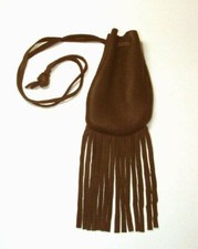 Medicine Bag Top Grain Leather 3x5"  fringe 32" Drawstring Medium / Dark Brown