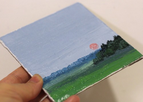 Stiller Abend Landschaft Original Ölgemälde 5x5 Purpur Sonnenuntergang handgemalt - Bild 2 von 17