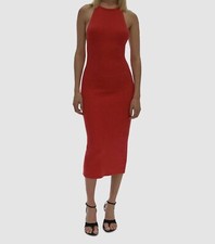  425 Helmut Lang Women's Orange Halter-Neck Knit-Rib Midi Bodycon Dress Size M