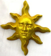Golden 11" Sun Face Sculpture, Celestial Wall Art, Indoor Outdoor, Signed Art