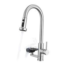 Modern Brushed Nickel Kitchen Faucet with Features: Glass Rinser, Pull-Down
