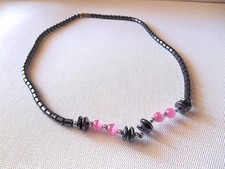 Single Strand Silvertone Black  Pink Beaded Choker Necklace