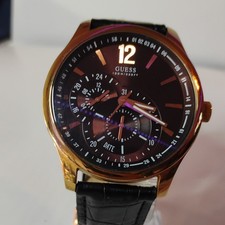 GUESS Quartz Gold Stainless Steel Brown Dial Black Leather Dress Wristwatch