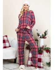 Pajama Set PJ 2 Piece Pink Black Plaid Thermal Soft Long Sleeve Pant Small
