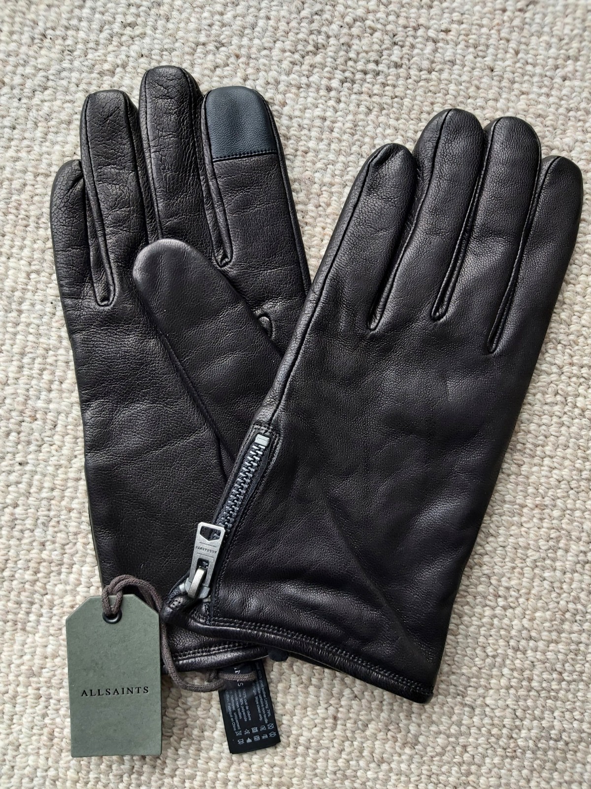 L Genuine ALLSAINTS Black Leather Zipped Touchscreen GLOVES Dylan TAG Large box5