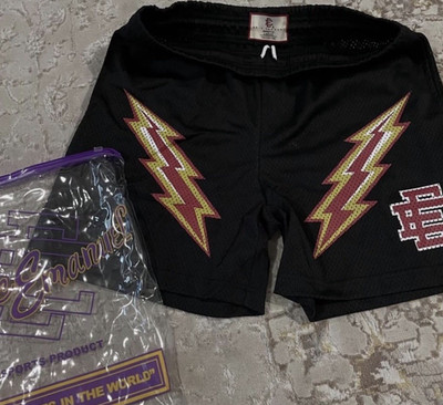 Eric Emanuel Men's Black Mesh Athletic Shorts Lightning Bolt Graphic Drawstring