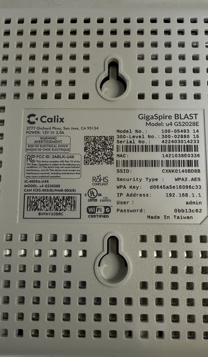 Calix GigaSpire BLAST Model: u4 GS2028E Model No.: 100 - 05493