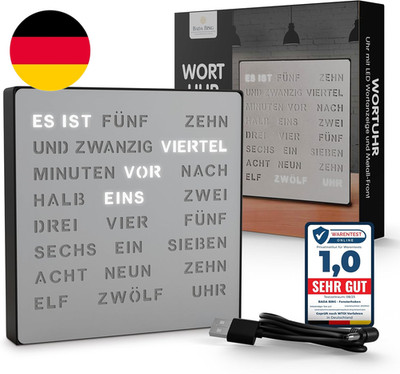 Bada Bing LED Wortuhr Silber Mit Deutscher Wort Anzeige - Edle Metall Uhr Mit US