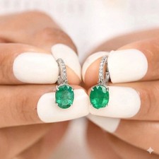 3.00Ct Natural Oval Green Emerald & Diamond Earrings 14k White Gold