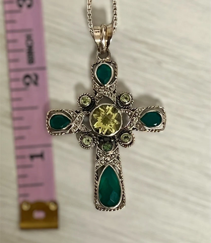 Nicky Butler Sterling Silver 925 Cross Pendant NB Green Chalcedony Peridot Topaz - Image 2 of 4