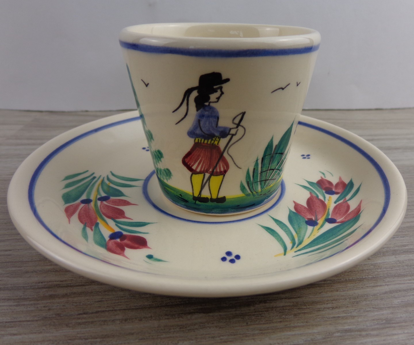 HenRiot Quimper France Tea Cup Saucer Man Walking Flowers Floral Signed