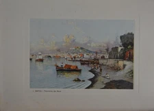 Antique Naples Italy Naples from the Sea Color Engraving Original Art 1929