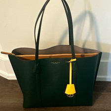 Tory Burch Green Solid Tote Bag Gold Logo Charm Double Handles Open Top