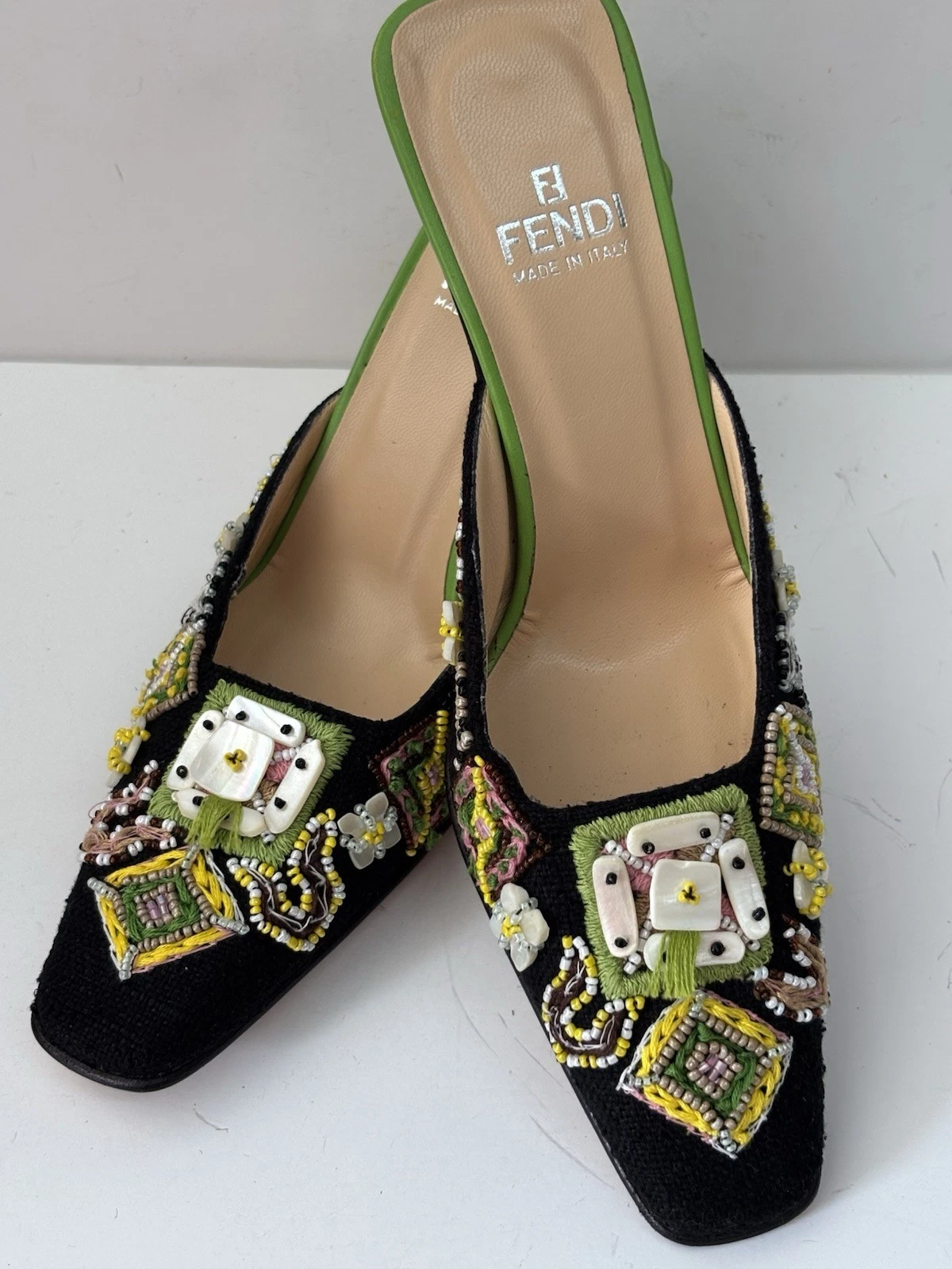 Fendi — NIB Fendi Beaded Black Kitten Heel Mules w/Green y2k 2000 Never Worn UNIQUE 6.5