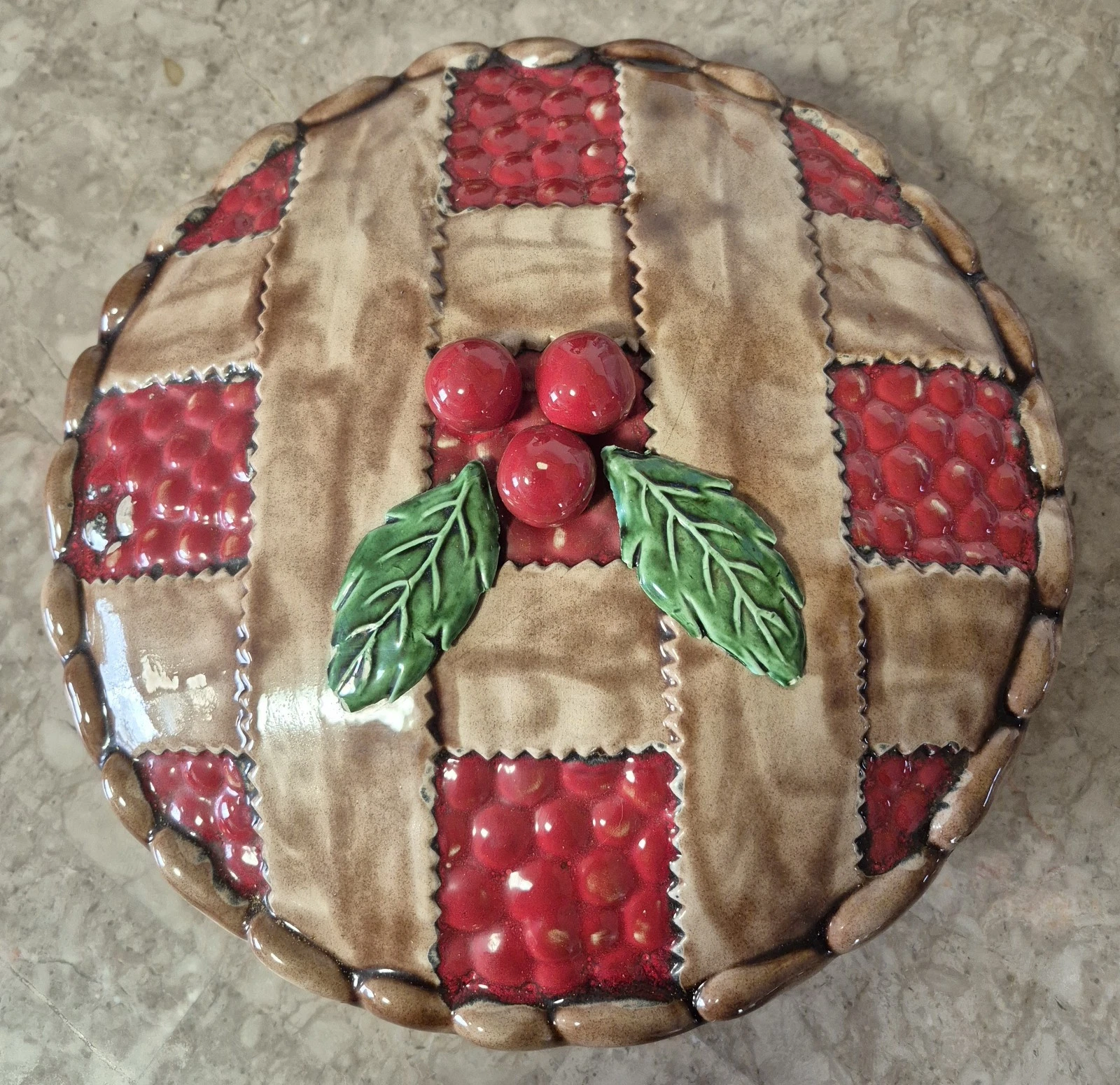 Vintage Ceramic Cherry Pie Plate Dish with Covered Lid