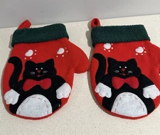 Vintage Christmas Cat Mini Stockings Pair Red Fleece Mittens Holiday Decor