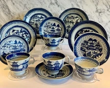 Canton Set 12 pc Antique Chinese Export Blue Cup Saucer 7" Plate 19th C