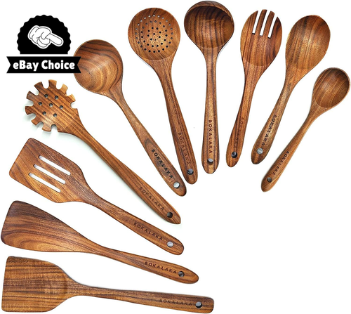 10 Pcs Natural Teak Wooden Cooking Utensils Set Spatulas Spoons Kitchen - Picture 9 of 12