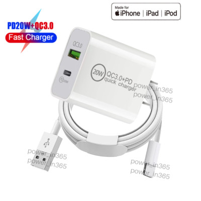 For iPhone 13 12 11 XR Charger Cord USB C PD 20W Fast Charger Power Adapter Cube