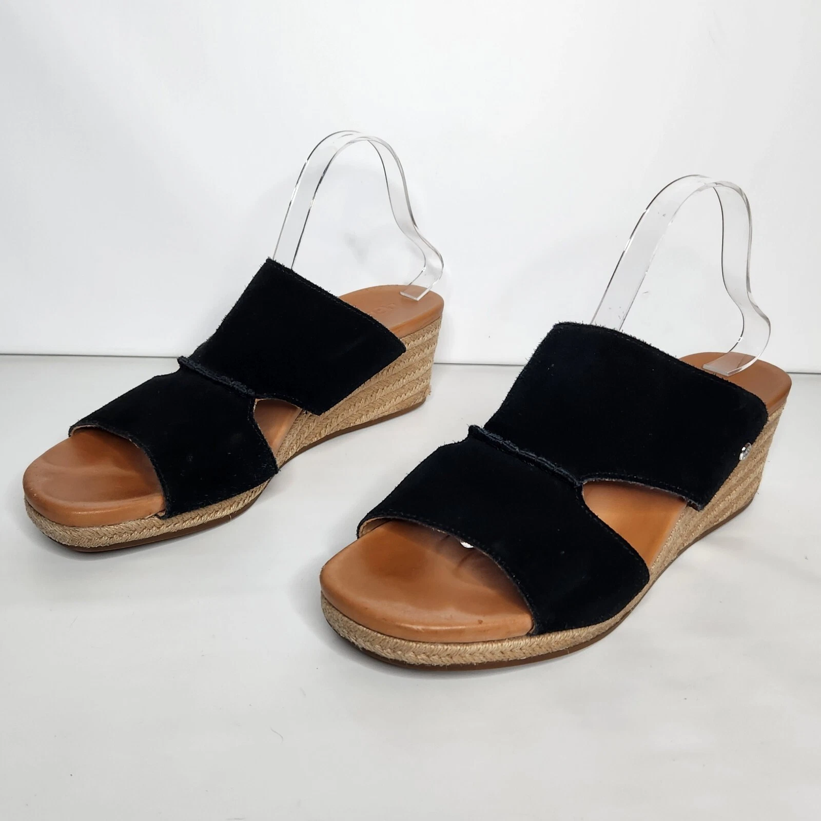 Sandali da donna neri Ugg Eirene Espadrille zeppa taglia 12 pelle scamosciata slip on