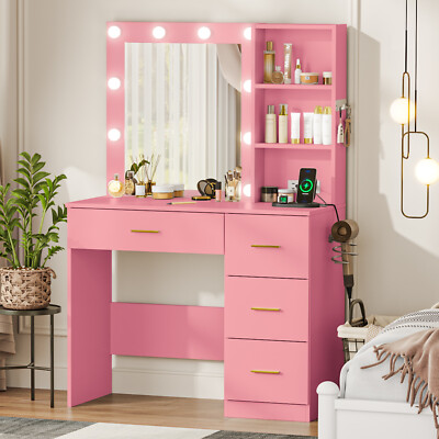 open lace back dress Vanity Desk With Mirror And Lights, Dressing Table With Large Drawer, 1  Level Storage Dresser & 3 Lighting Modes Adjustable Brightness, Suitable  For