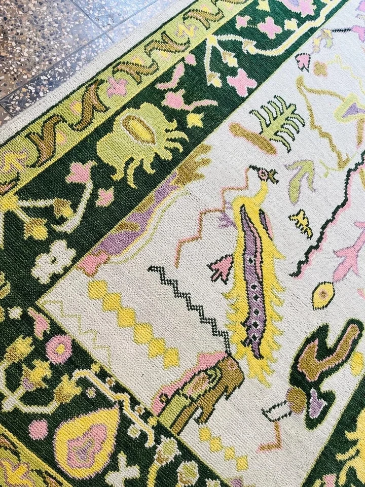 HandKnotted Handmade Oushak Carpet Area Pattern Green Border Bird Rug 5x8,6x9 - Image 3 of 4