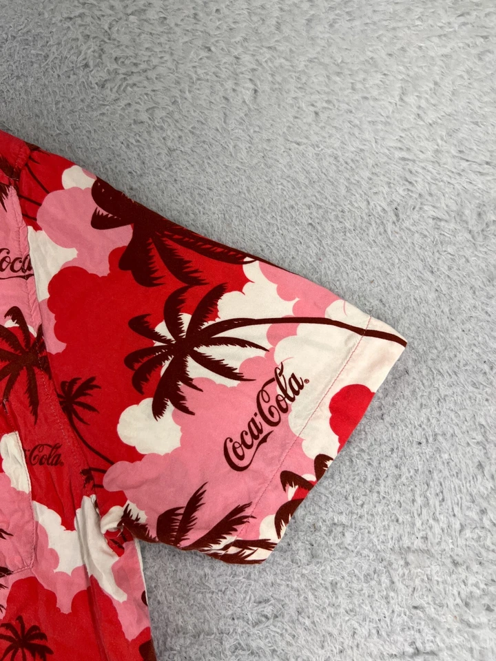 Coca-Cola Shirt Adult Extra Large Red Pink Hawaiian Clouds Palm Tree Button Up - Image 2 of 4