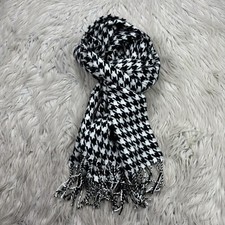Unbranded 100 Cashmere Black White Houndstooth Scarf Fringe Hem