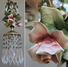 Porcelain Capodimonte Pink Shabby Rose Brass chandelier ceiling vintage lamp