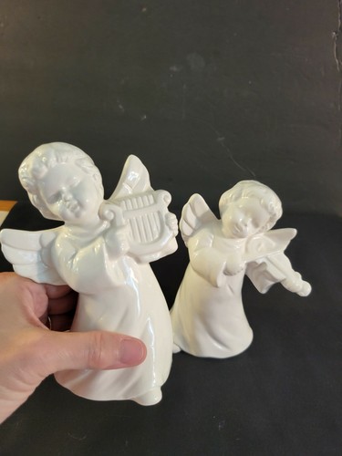 Set Of 2 White Glazed Ceramic Figurines Angels Playing Musical Instruments 6" - Imagen 10 de 10