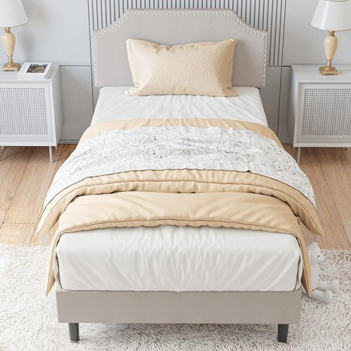Upholstered Platform Bed Frame with Nailhead Trim Headboard Height Adjustable