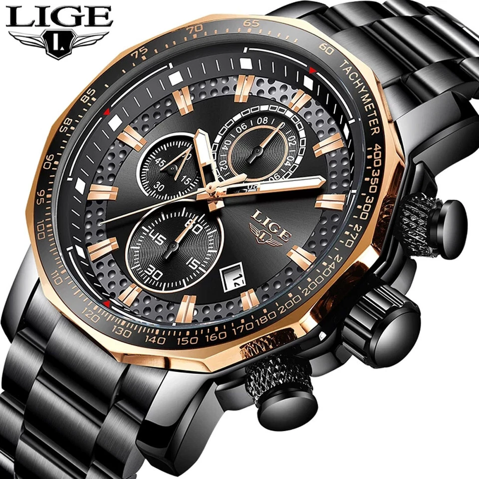LIGE Sport Chronograph Mens Watches Luxury Full Steel Quartz Watch Waterproof
