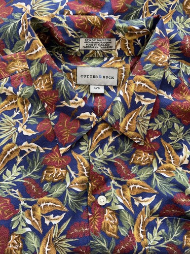 Cutter & Buck Men Size L Blue Red Tropical Floral Button Up Shirt Short Sleeve - Picture 4 of 5