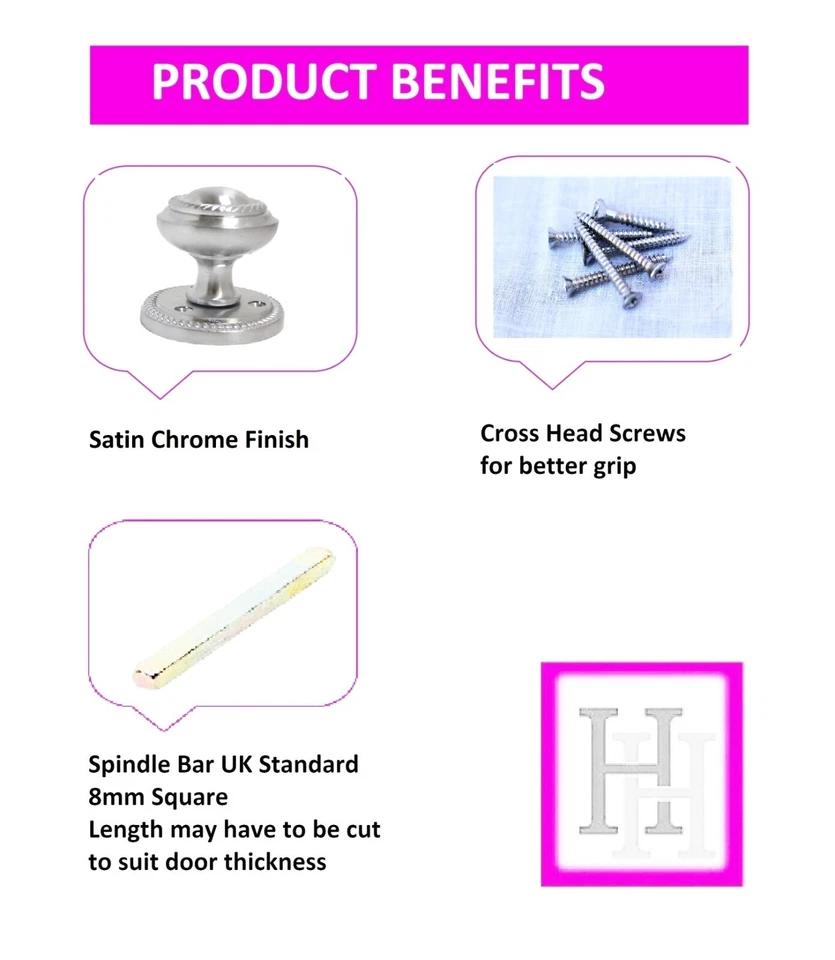 Door Knobs Satin Interior Mortice Georgian Rope 63mm Diameter Rose 50mm Knob D2 - Image 4 of 4