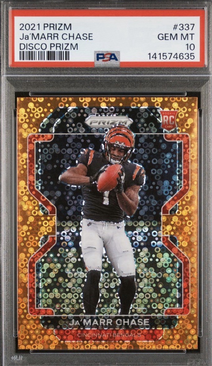 2021 Panini Prizm - #337 Ja’Marr Chase Orange Disco Prizm (RC). PSA Gem 10.