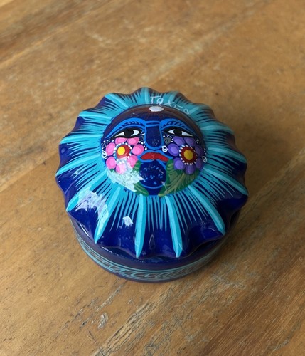 Sun Floral Blue Mexican Art Pottery Round Jewelry Trinket Box Taxco Mexico 3"